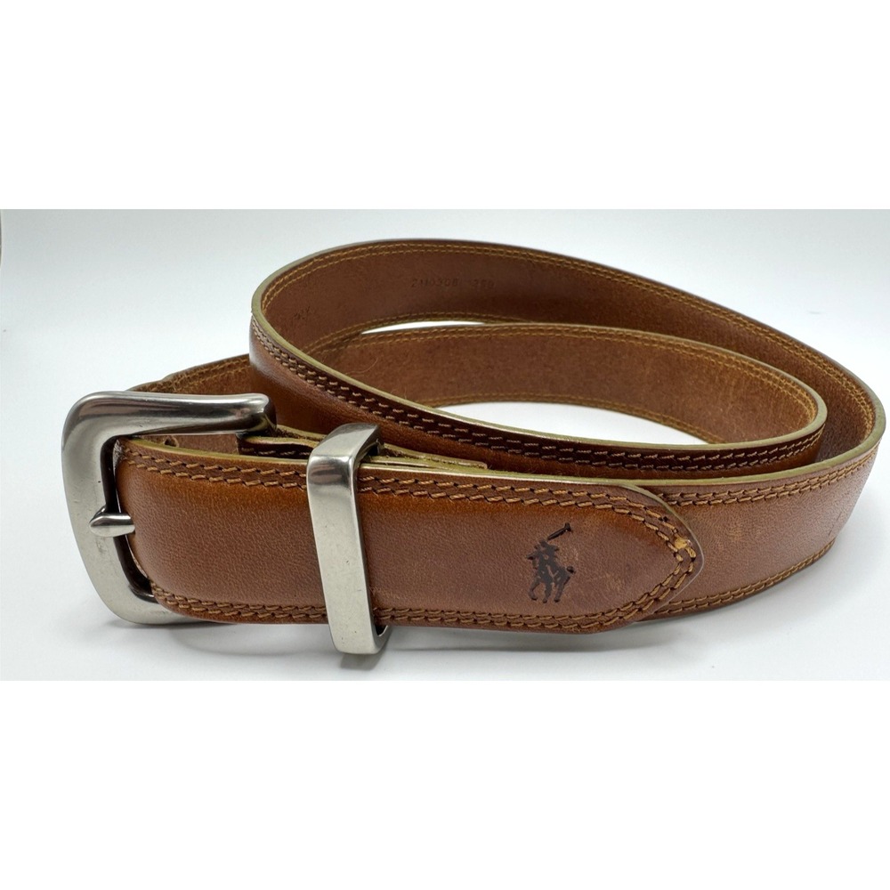 Polo Ralph Lauren Leather Belt Brown 30/32 Brass Buckle Classic Made in Italy